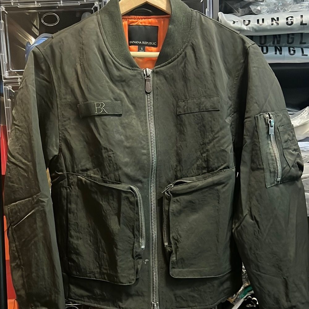 Banana Republic Green Bomber Jacket with Stand-Up Collar